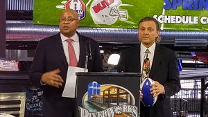 Can-Am Indoor Football Commissioner Lawrence Fisher and Blitz Co-owner John Augustine